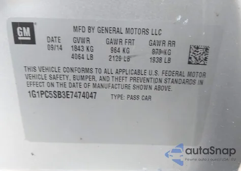 2014 Chevrolet Cruze 1Lt Auto from USA, damaged, VIN 1G1PC5SB3E7474047